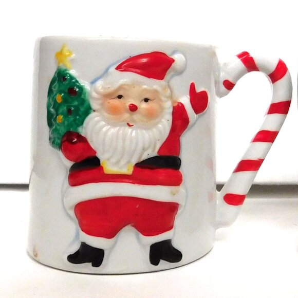 Santa Mugs Set of 2 JSNY Taiwan Candy Cane Handles 3-D Ceramic Hand Painted - Picture 7 of 8